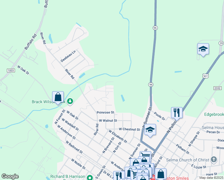 map of restaurants, bars, coffee shops, grocery stores, and more near 120 Boykin Avenue in Selma