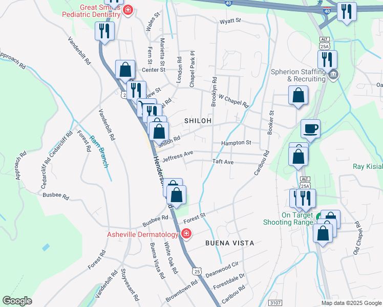 map of restaurants, bars, coffee shops, grocery stores, and more near 33 Jeffress Avenue in Asheville