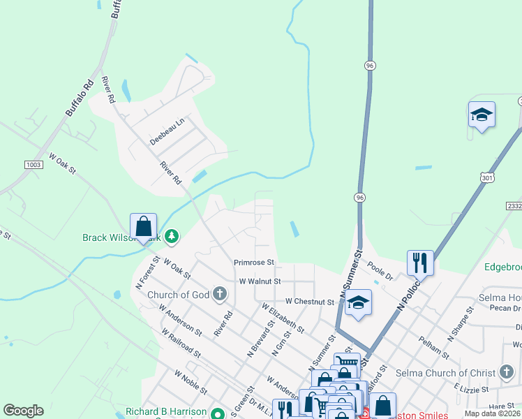map of restaurants, bars, coffee shops, grocery stores, and more near 121 Boykin Avenue in Selma