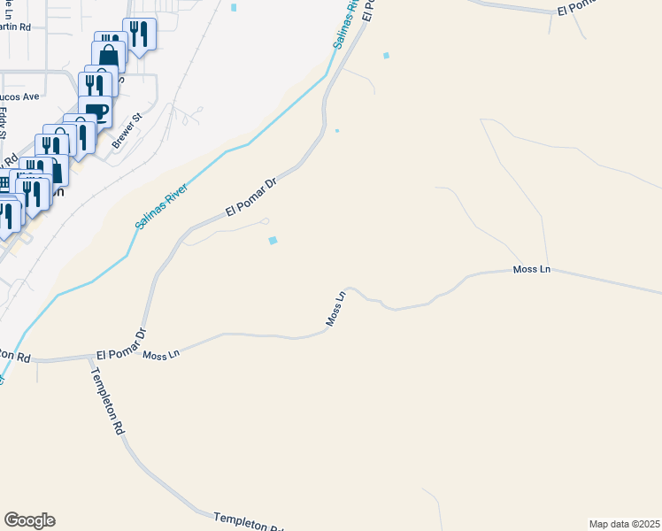 map of restaurants, bars, coffee shops, grocery stores, and more near 605 Moss Lane in Templeton