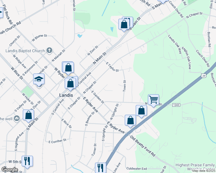 map of restaurants, bars, coffee shops, grocery stores, and more near 310 North Correll Street in Salisbury