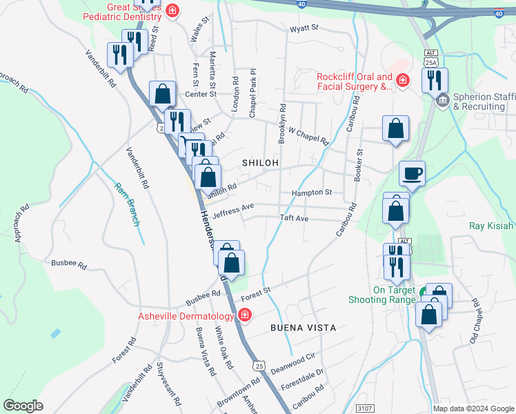 map of restaurants, bars, coffee shops, grocery stores, and more near 34 Jeffress Avenue in Asheville