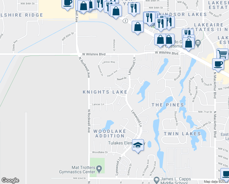 map of restaurants, bars, coffee shops, grocery stores, and more near 7518 Knight Lake Drive in Oklahoma City