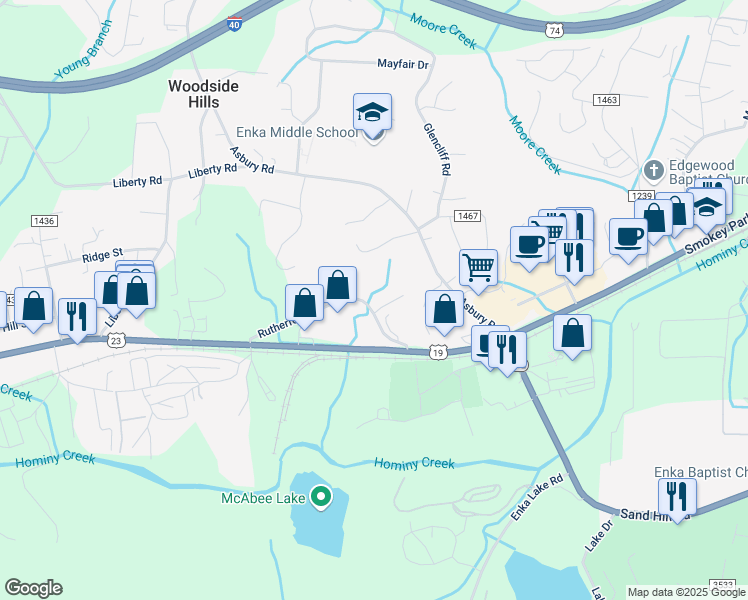 map of restaurants, bars, coffee shops, grocery stores, and more near 81 Rutherford Road in Candler