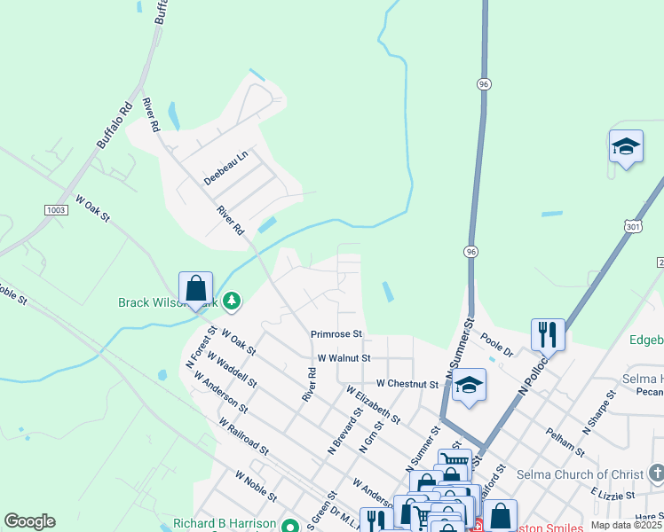 map of restaurants, bars, coffee shops, grocery stores, and more near 119 Thompson Drive in Selma