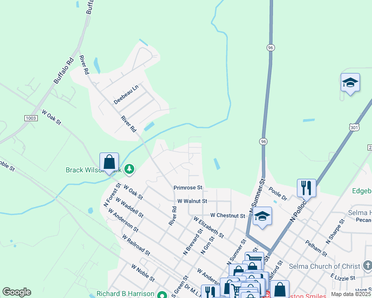 map of restaurants, bars, coffee shops, grocery stores, and more near 119 Thompson Drive in Selma