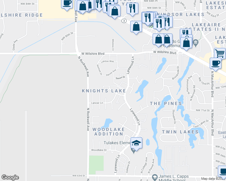 map of restaurants, bars, coffee shops, grocery stores, and more near 7520 Knight Lake Drive in Oklahoma City