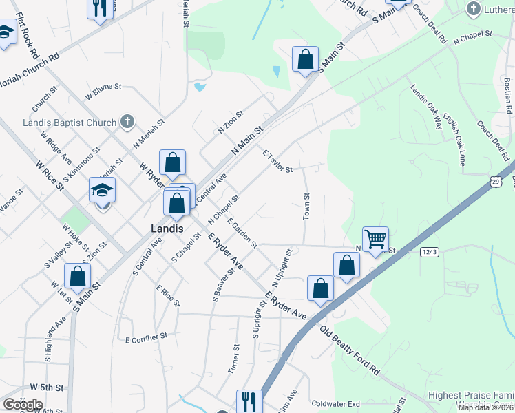 map of restaurants, bars, coffee shops, grocery stores, and more near 301 North Correll Street in Landis