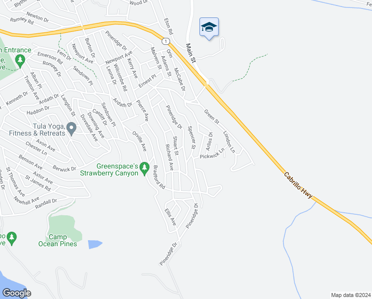 map of restaurants, bars, coffee shops, grocery stores, and more near Pineridge Drive in Cambria