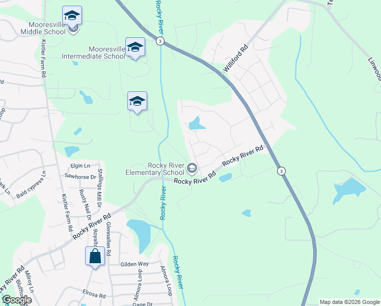 map of restaurants, bars, coffee shops, grocery stores, and more near 133 Candlelight Way in Mooresville