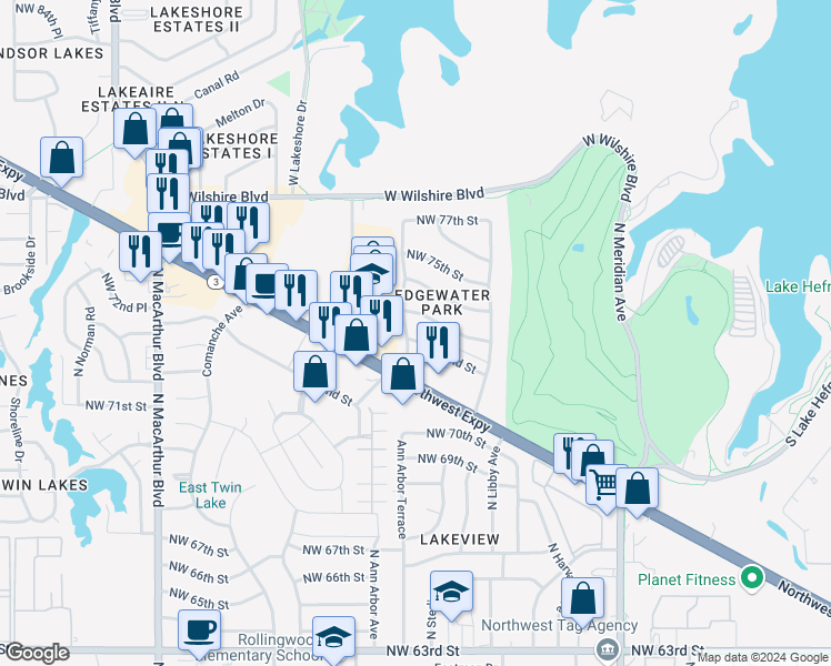 map of restaurants, bars, coffee shops, grocery stores, and more near 7300 North Ann Arbor Avenue in Oklahoma City