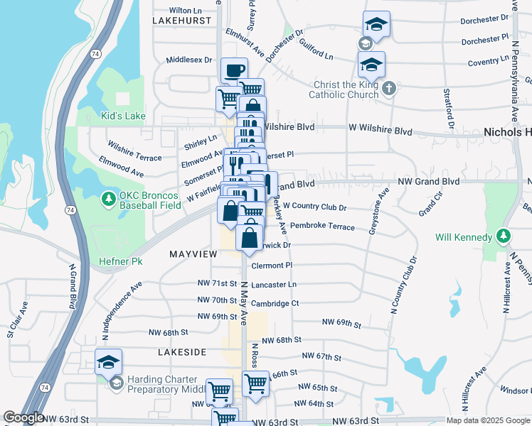 map of restaurants, bars, coffee shops, grocery stores, and more near 2820 West Country Club Drive in Oklahoma City