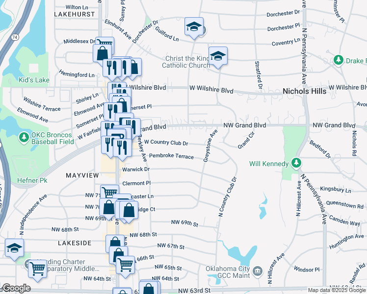 map of restaurants, bars, coffee shops, grocery stores, and more near 2640 West Country Club Drive in Oklahoma City