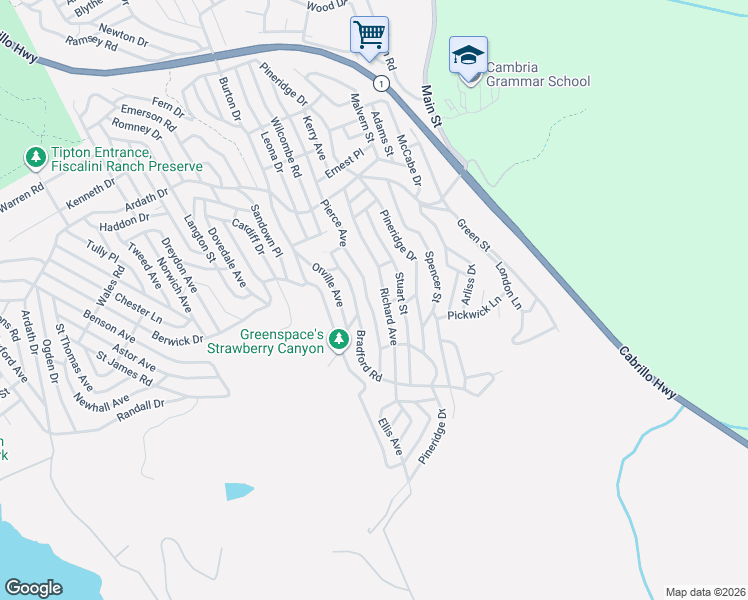 map of restaurants, bars, coffee shops, grocery stores, and more near Pierce Avenue in Cambria