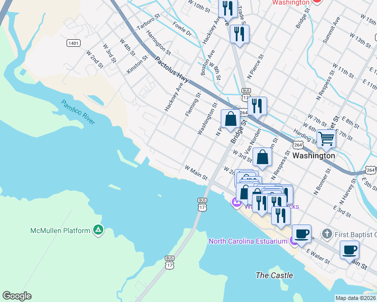 map of restaurants, bars, coffee shops, grocery stores, and more near 148 Washington Street in Washington