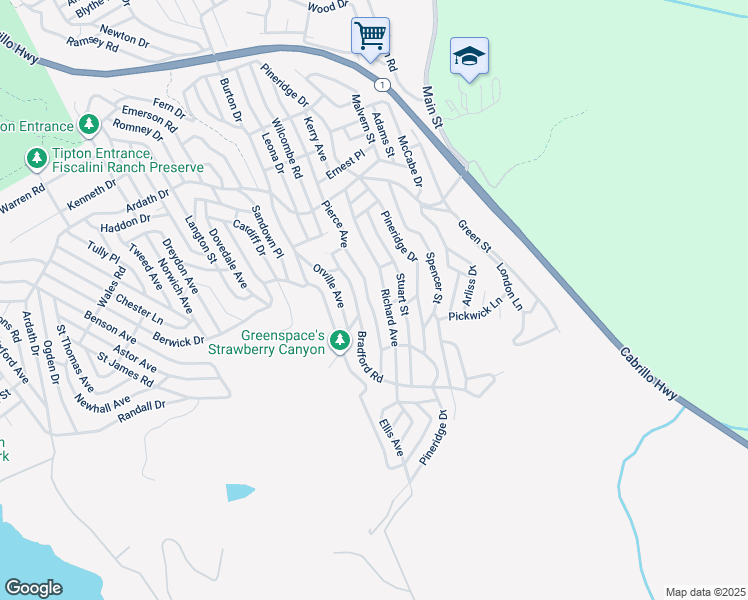 map of restaurants, bars, coffee shops, grocery stores, and more near Pierce Avenue in Cambria