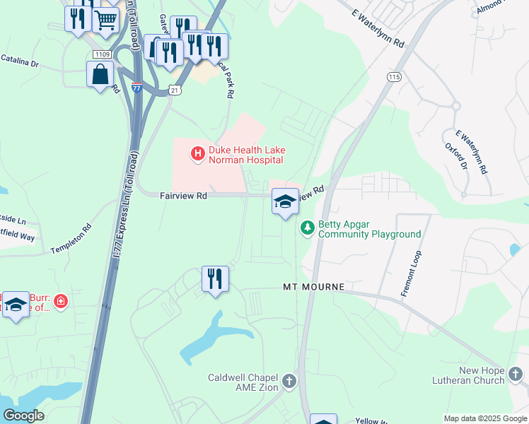 map of restaurants, bars, coffee shops, grocery stores, and more near 113 Village Green Lane in Mooresville