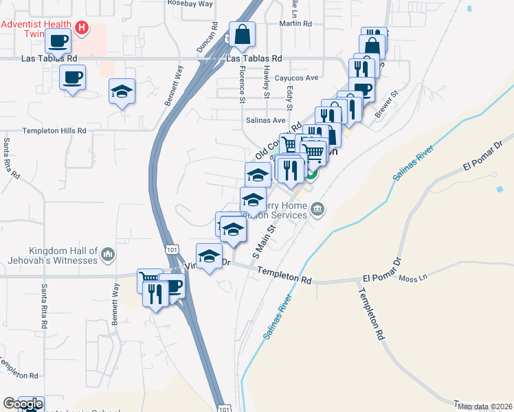 map of restaurants, bars, coffee shops, grocery stores, and more near 215 8th Street in Templeton