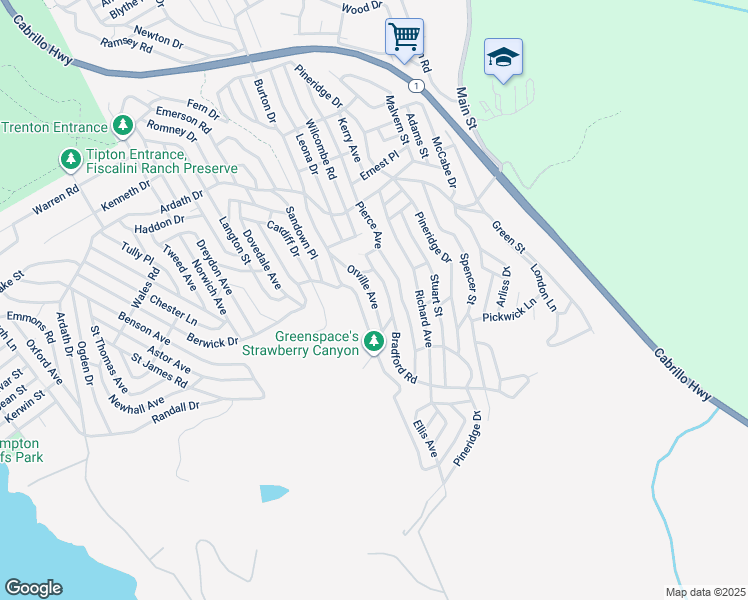 map of restaurants, bars, coffee shops, grocery stores, and more near Orville Avenue in Cambria