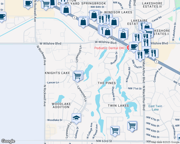 map of restaurants, bars, coffee shops, grocery stores, and more near 7407 Kings Manor Court in Oklahoma City