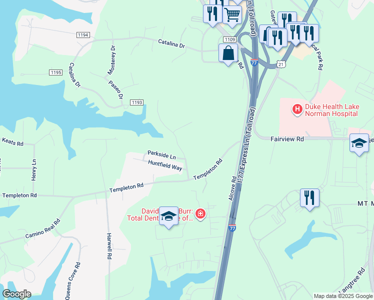 map of restaurants, bars, coffee shops, grocery stores, and more near Templeton Bay Drive in Mooresville