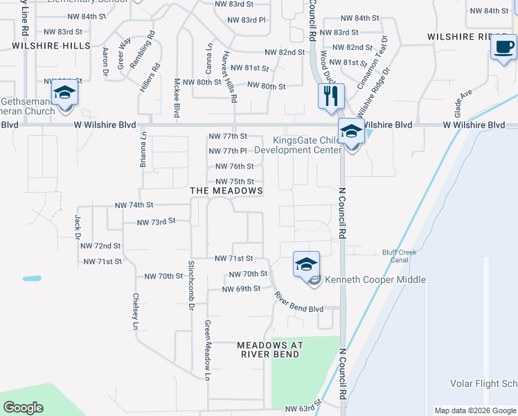 map of restaurants, bars, coffee shops, grocery stores, and more near 7336 Sandlewood Drive in Oklahoma City