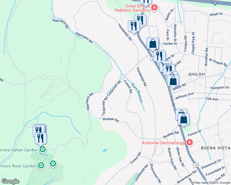 map of restaurants, bars, coffee shops, grocery stores, and more near 22 Cedarcliff Road in Biltmore Forest