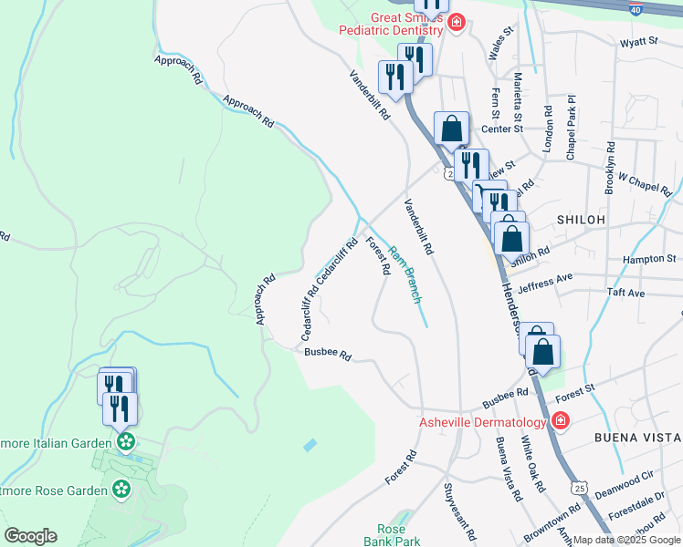 map of restaurants, bars, coffee shops, grocery stores, and more near 22 Cedarcliff Road in Biltmore Forest