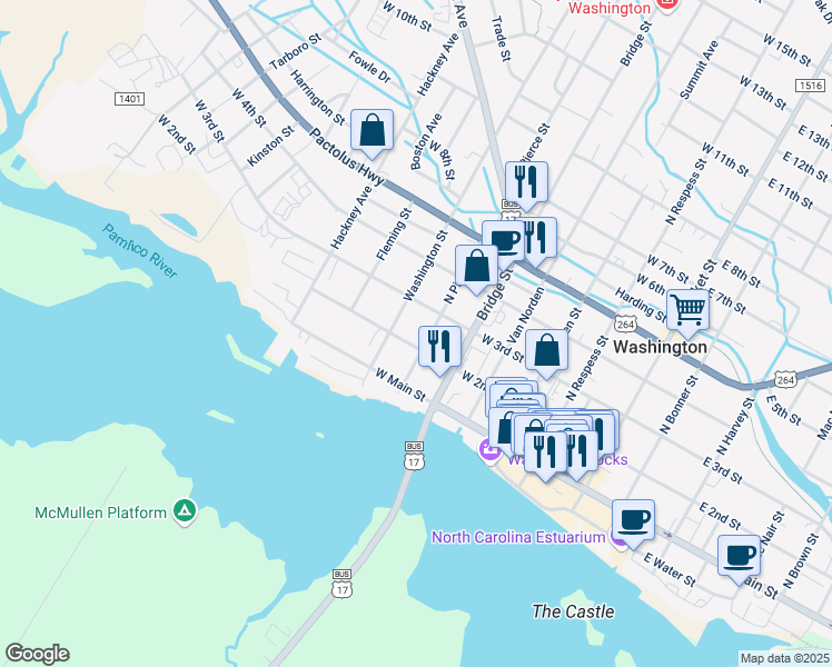 map of restaurants, bars, coffee shops, grocery stores, and more near 219 North Pierce Street in Washington