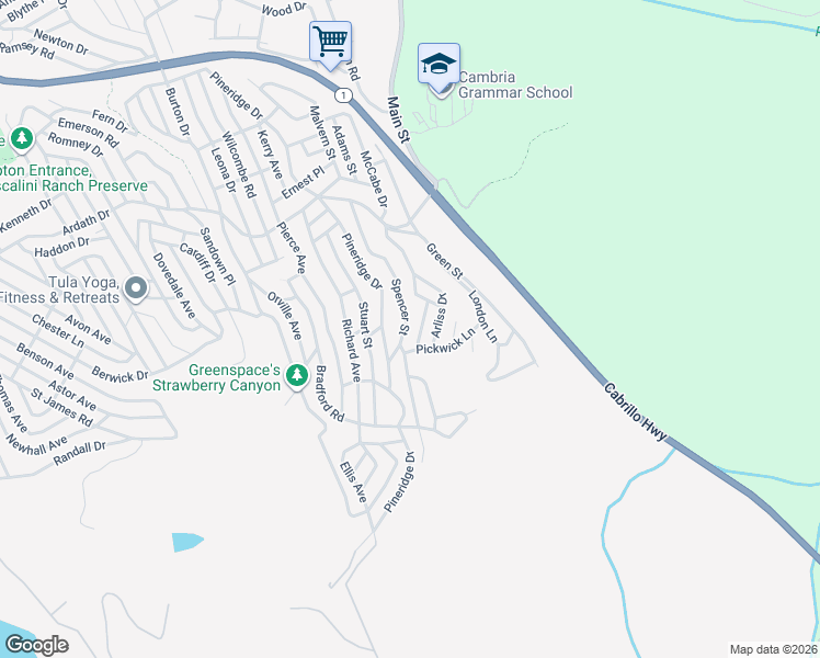 map of restaurants, bars, coffee shops, grocery stores, and more near 1748 Spencer Street in Cambria