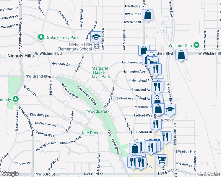 map of restaurants, bars, coffee shops, grocery stores, and more near 6700 Avondale Drive in Nichols Hills