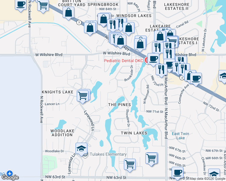 map of restaurants, bars, coffee shops, grocery stores, and more near 7348 Edenborough Drive in Oklahoma City
