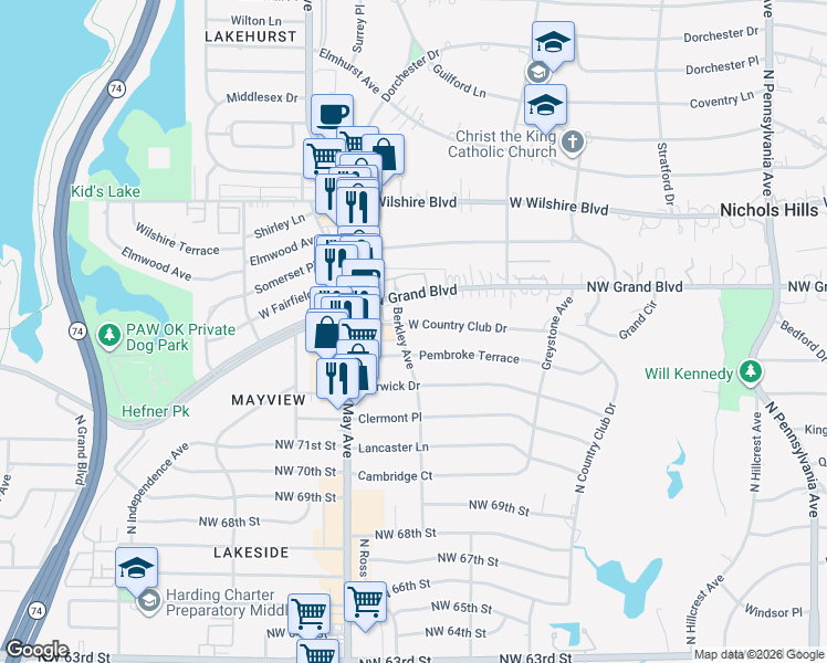 map of restaurants, bars, coffee shops, grocery stores, and more near 2760 West Country Club Drive in Oklahoma City