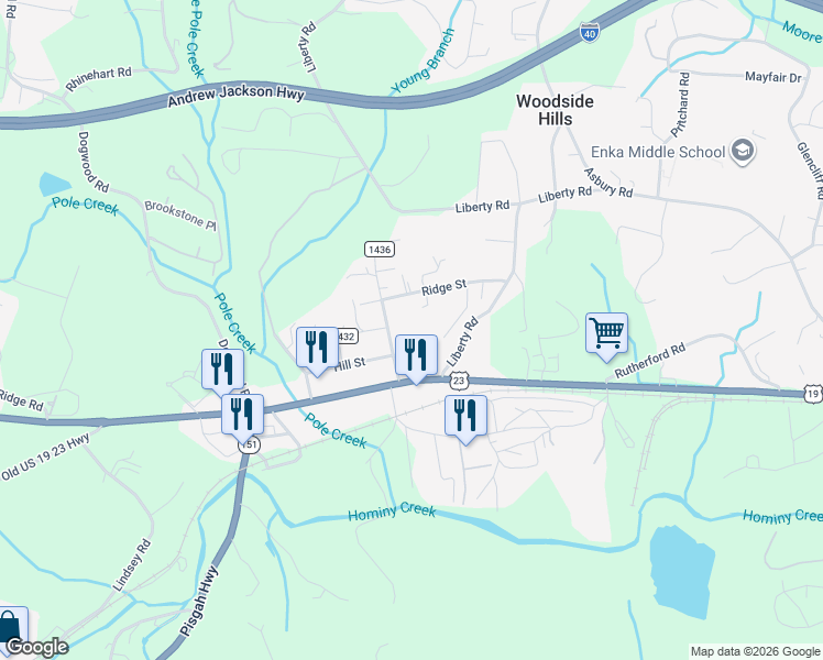 map of restaurants, bars, coffee shops, grocery stores, and more near 113 Hill Street in Candler