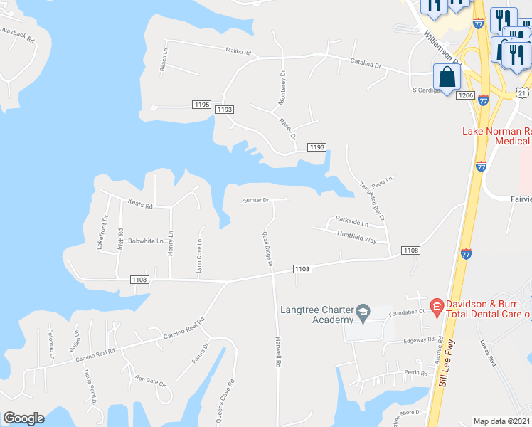 map of restaurants, bars, coffee shops, grocery stores, and more near 264 Templeton Rd in Mooresville