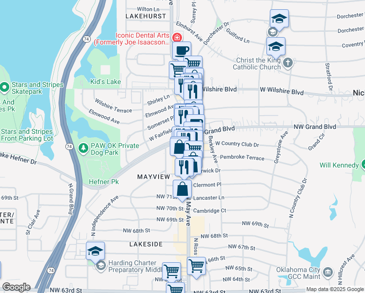 map of restaurants, bars, coffee shops, grocery stores, and more near 7525 North May Avenue in Oklahoma City