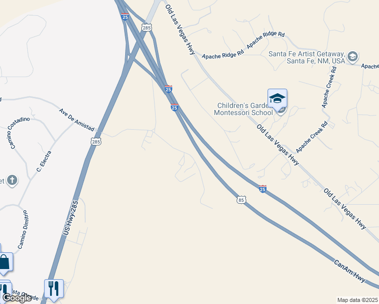 map of restaurants, bars, coffee shops, grocery stores, and more near 48 Camino Valle in Santa Fe