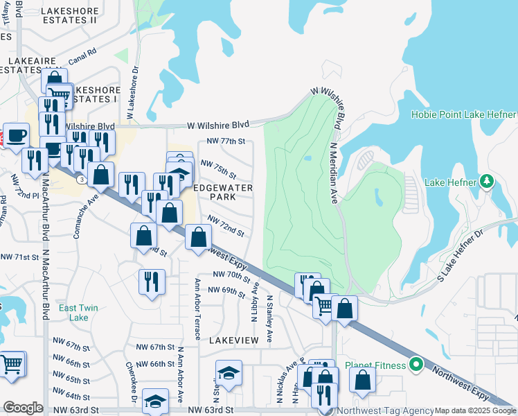 map of restaurants, bars, coffee shops, grocery stores, and more near 7405 Rumsey Road in Oklahoma City