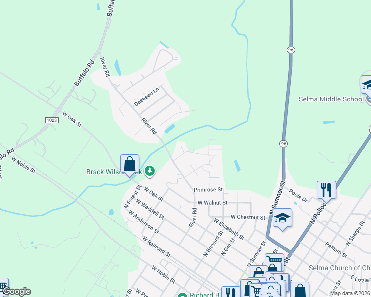 map of restaurants, bars, coffee shops, grocery stores, and more near 100 Eubank Ct in Selma