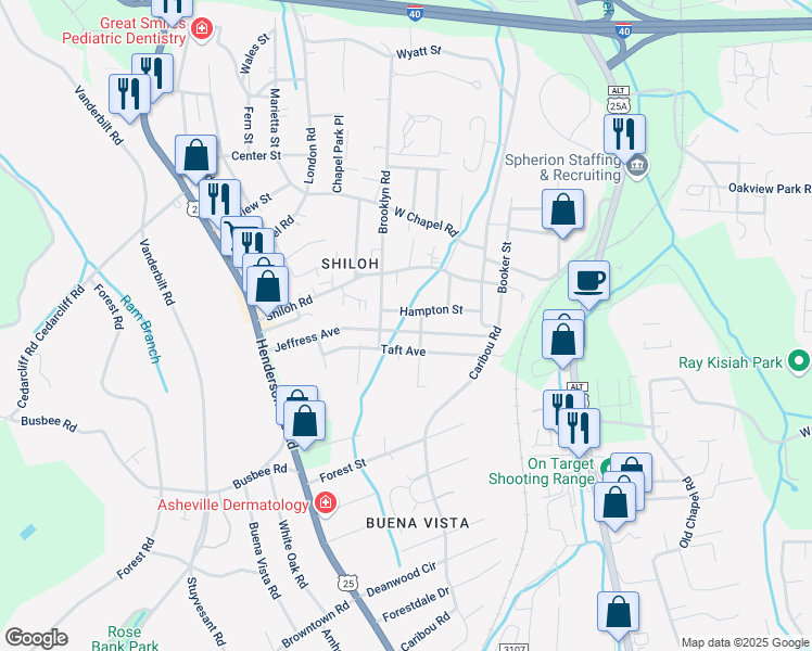 map of restaurants, bars, coffee shops, grocery stores, and more near 61 Jeffress Avenue in Asheville