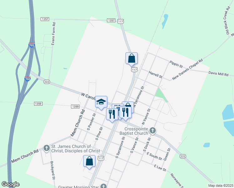 map of restaurants, bars, coffee shops, grocery stores, and more near 201-209 North Pine Street in Fremont