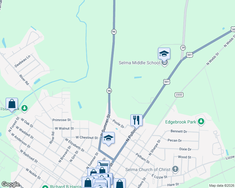 map of restaurants, bars, coffee shops, grocery stores, and more near 805 North Carolina 96 in Selma