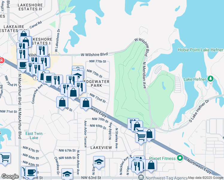 map of restaurants, bars, coffee shops, grocery stores, and more near 7405 Rumsey Road in Oklahoma City