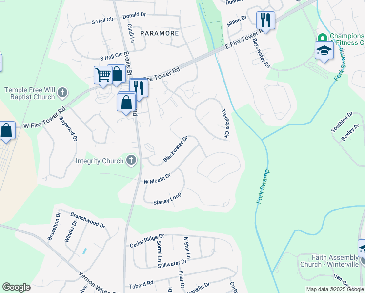 map of restaurants, bars, coffee shops, grocery stores, and more near 160 Blackwater Drive in Winterville