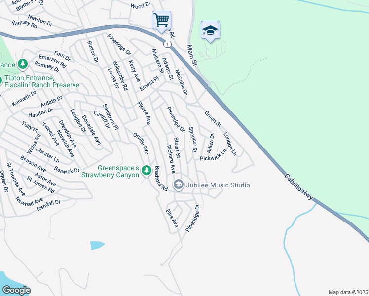 map of restaurants, bars, coffee shops, grocery stores, and more near Pineridge Drive in Cambria