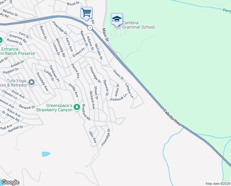 map of restaurants, bars, coffee shops, grocery stores, and more near 1739 Arliss Drive in Cambria