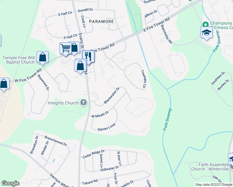 map of restaurants, bars, coffee shops, grocery stores, and more near 160 Blackwater Drive in Winterville