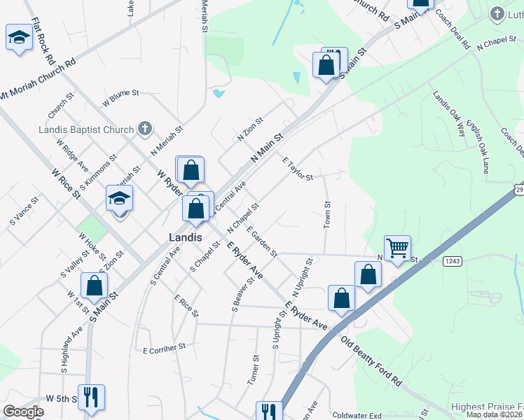 map of restaurants, bars, coffee shops, grocery stores, and more near 301 North Correll Street in Landis