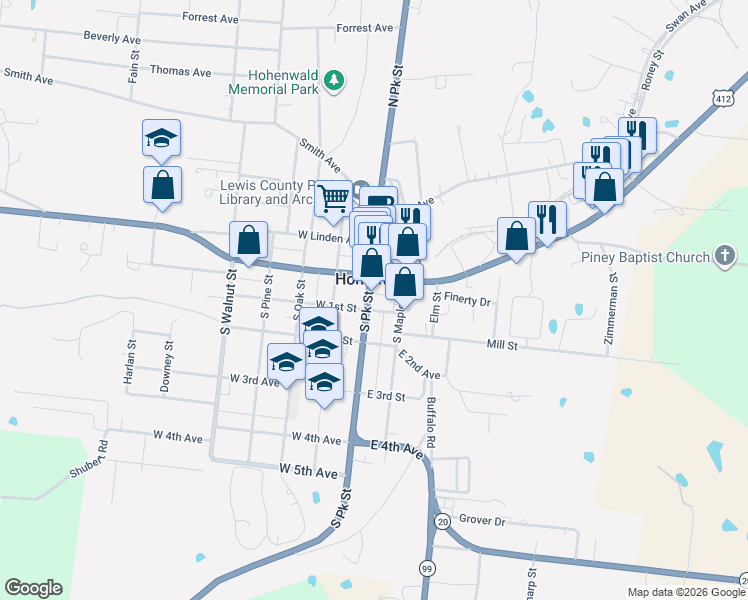 map of restaurants, bars, coffee shops, grocery stores, and more near 29 South Park Avenue in Hohenwald