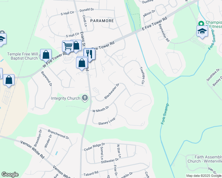 map of restaurants, bars, coffee shops, grocery stores, and more near 153 Blackwater Drive in Winterville